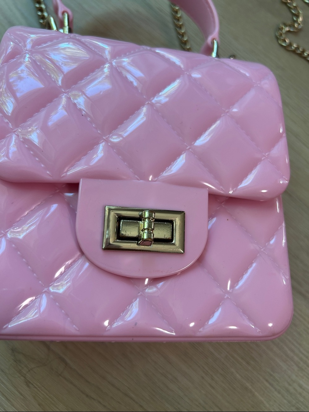 Pink Quilted Mini Jelly Crossbody Bag-Purse with Gold Chain for girls-Women - Picture 4 of 11